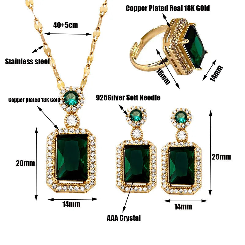 Set Green Large Zircon Drop Earrings Necklace