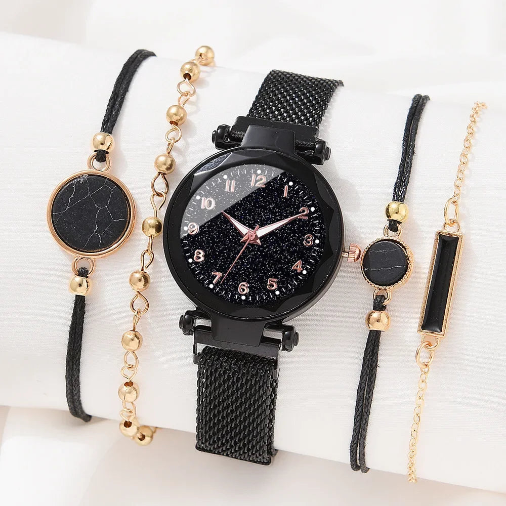 Set Women Fashion Casual Mesh Belt Watches