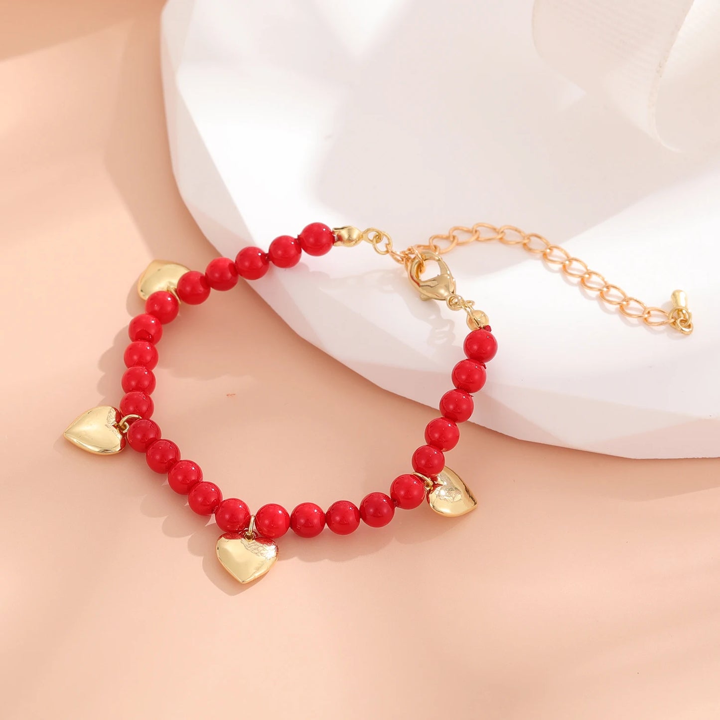 Handmade Bracelet for Kids, Gold Silver Red Beads With a Heart