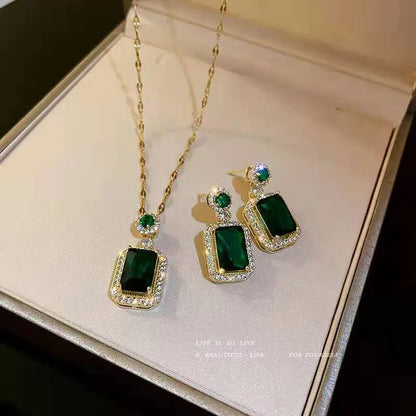 Set Green Large Zircon Drop Earrings Necklace