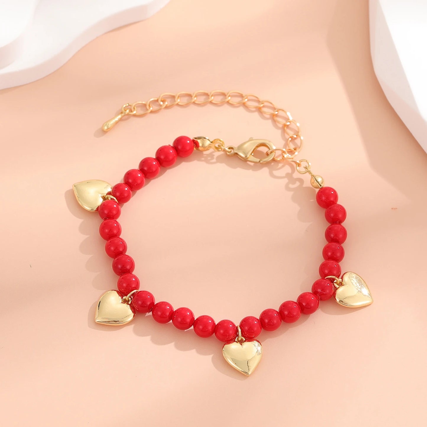 Handmade Bracelet for Kids, Gold Silver Red Beads With a Heart