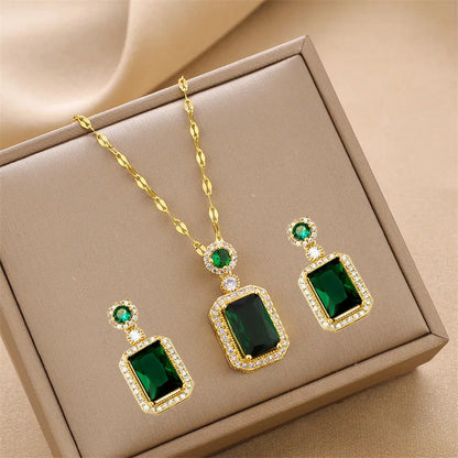 Set Green Large Zircon Drop Earrings Necklace