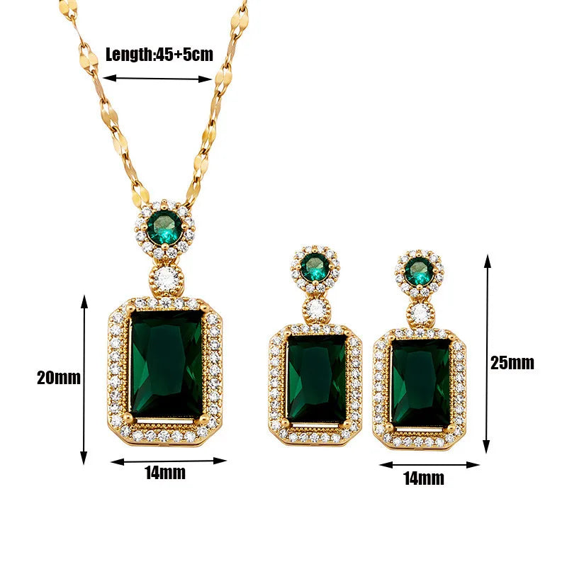 Set Green Large Zircon Drop Earrings Necklace