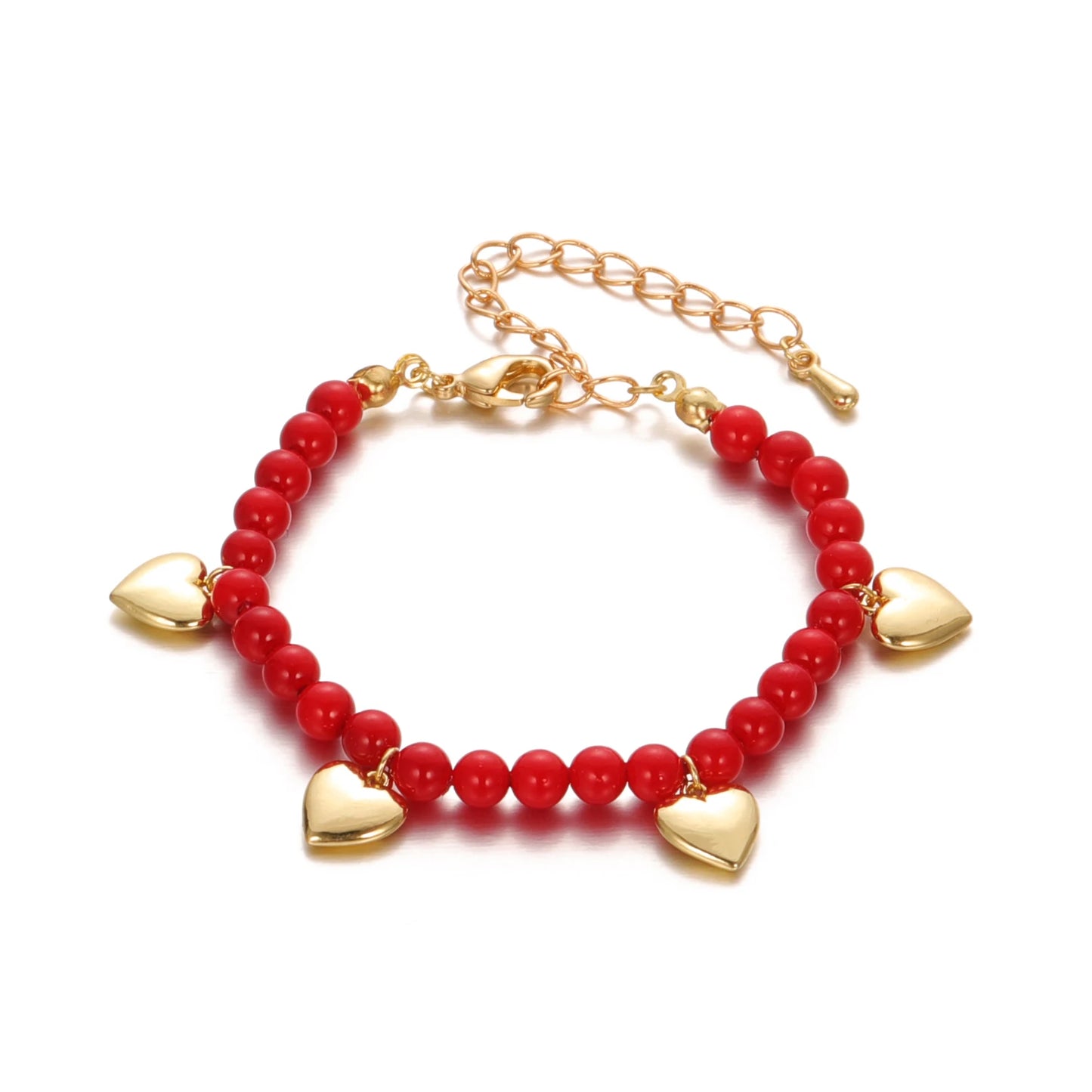 Handmade Bracelet for Kids, Gold Silver Red Beads With a Heart