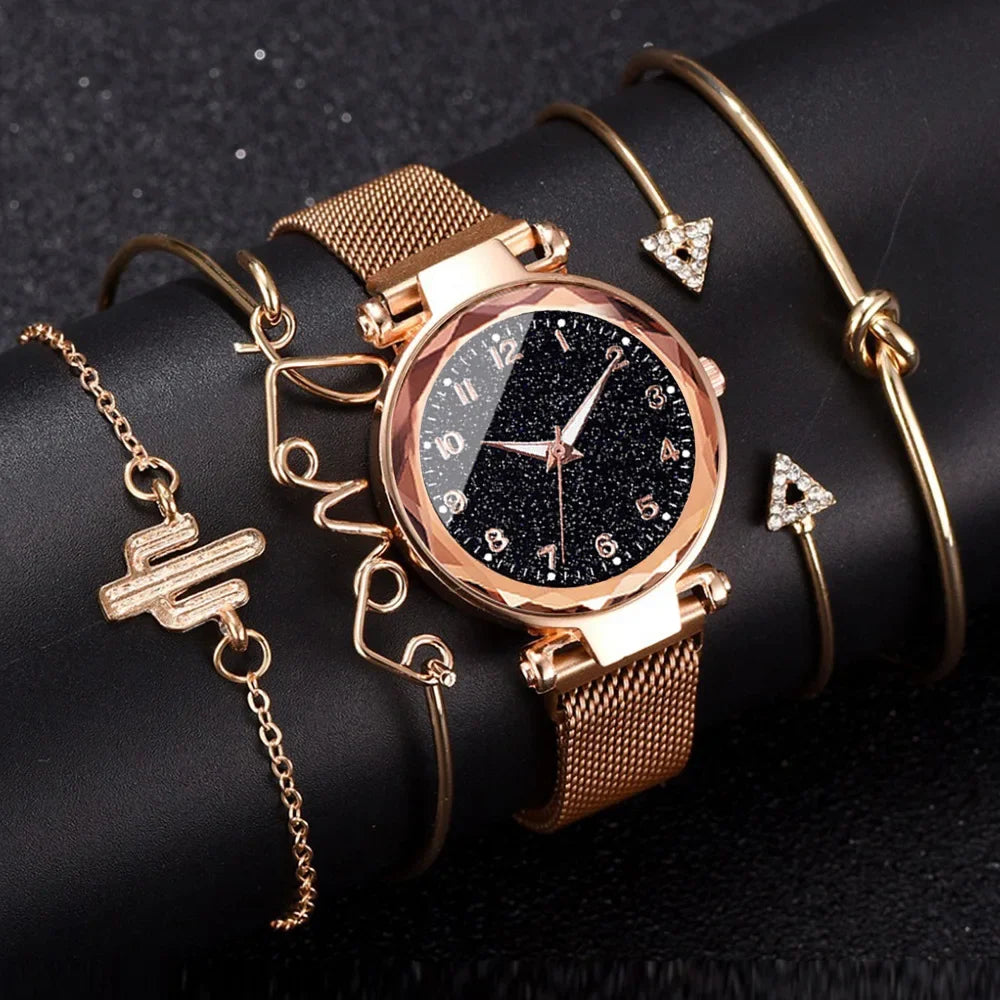 Set Women Fashion Casual Mesh Belt Watches