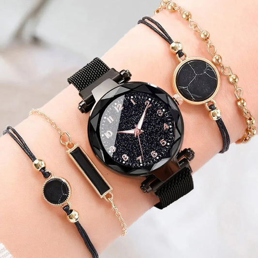 Set Women Fashion Casual Mesh Belt Watches