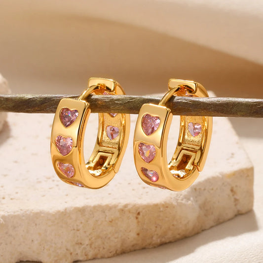 Zircon Pink Heart Hoop Earrings